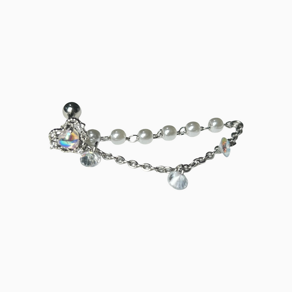 Aurora Heart Barbell Stud With Crystal & Pearl Chain