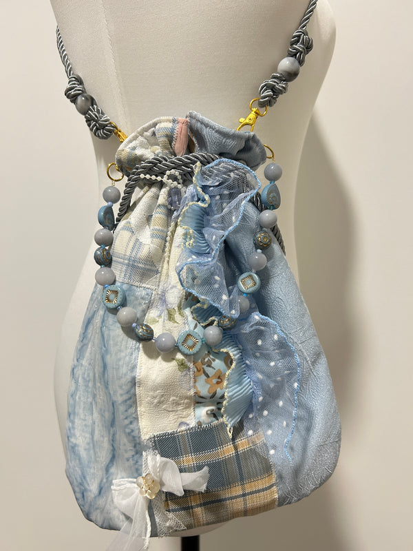 Baby Blue Patchwork Drawstring Bag