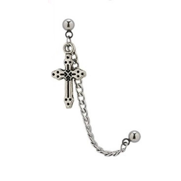 Chain Cross Drop Double Barbell Stud