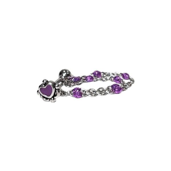 Purple Heart Cartilage Barbell Stud With Purple Beaded Chain