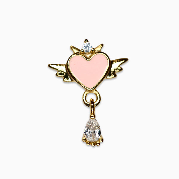 Pink Angel Heart Crystal Drop Barbell Stud