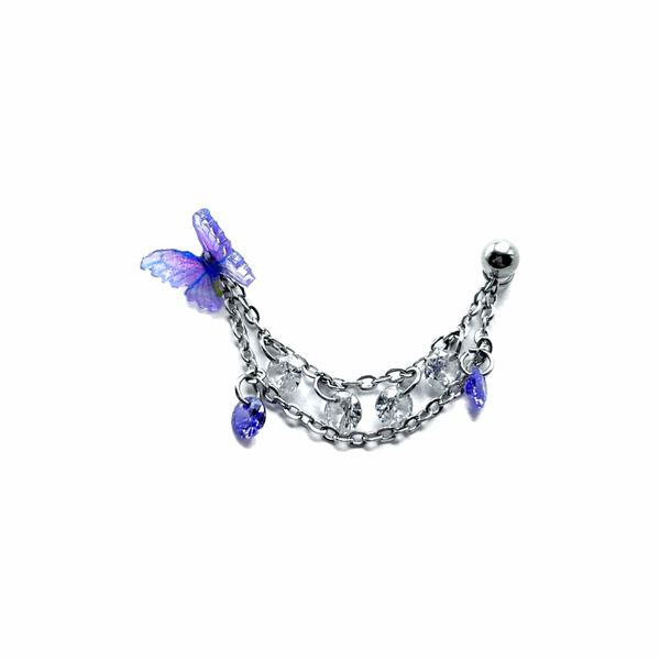 Purple Butterfly Cartilage Double Barbell Stud With Crystal Chain