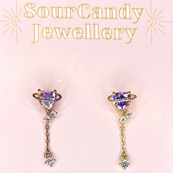 Rainbow Crystal Heart With Crystal Drop Barbell Stud