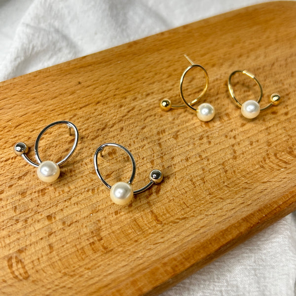 Pearl On Curve Bar Earrings