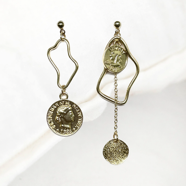 Golden Coins Mismatched Drop Earrings