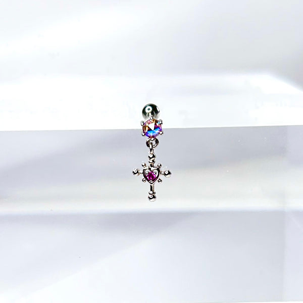 Rainbow Crystal Heart Cross Drop Cartilage Barbell Stud